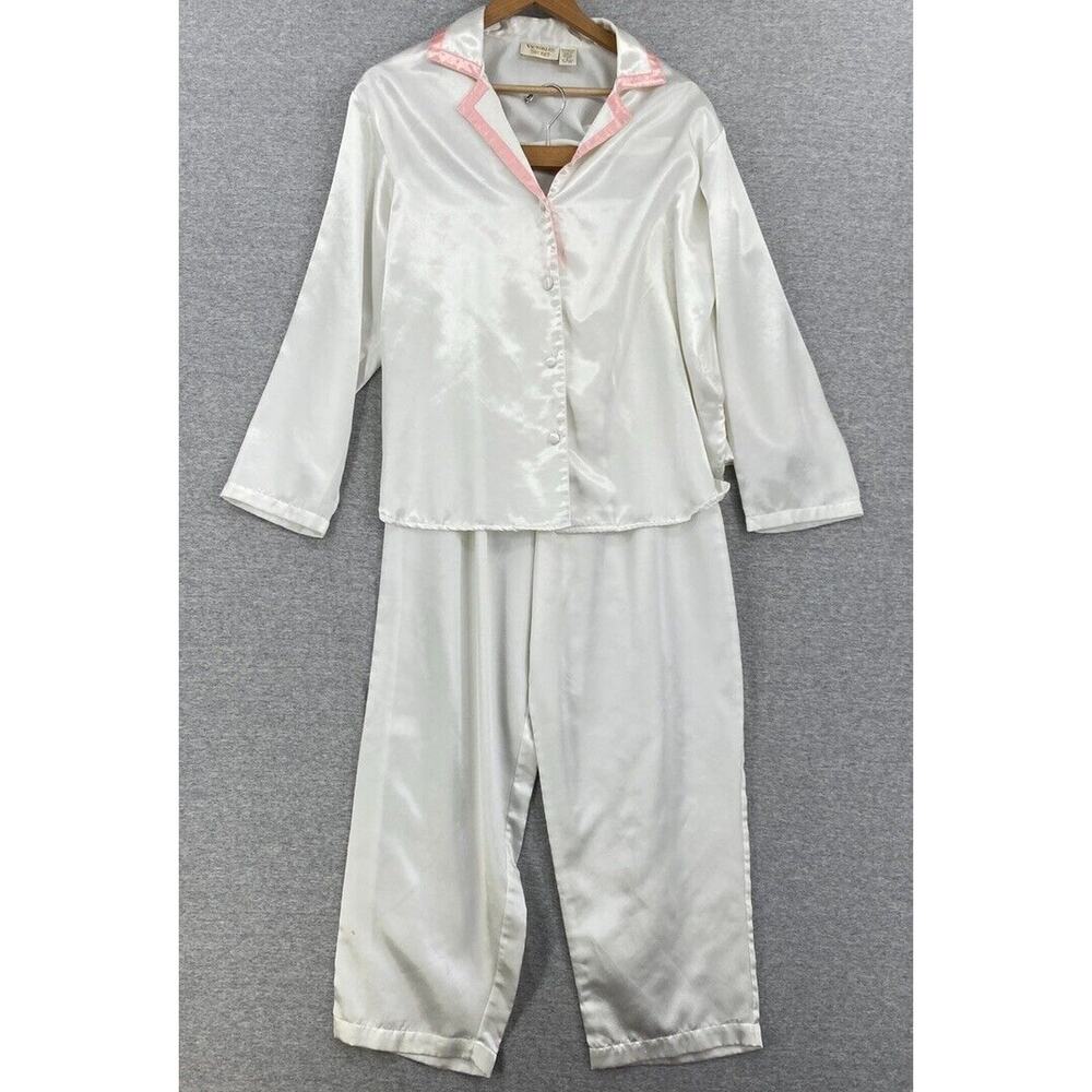 Victoria's Secret Loungewear Set Womens Small White Pink Trim Button Up Silky